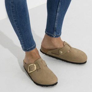 Birkenstock Boston Big Buckle Clog Nubuck Leather Mud Green Size 38 Narrow